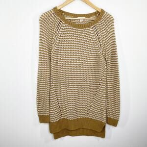 Caslon Tan White Striped Long Sleeve Knit Tunic Sweater Women's Size Medium M